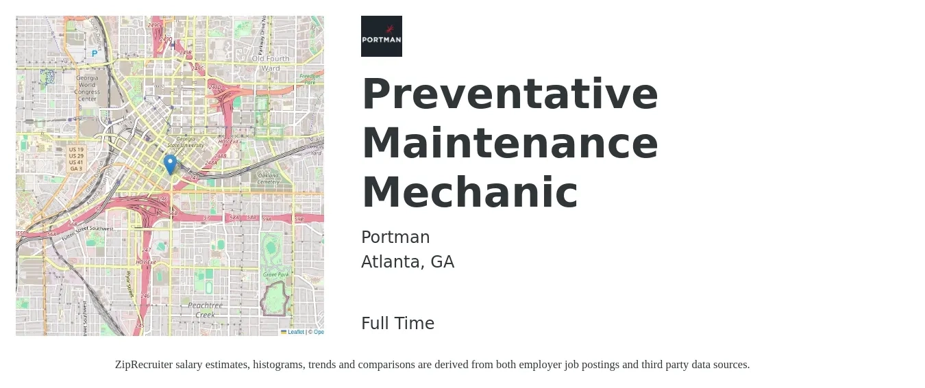 Portman job posting for a Preventative Maintenance Mechanic in Atlanta, GA with a salary of $18 to $26 Hourly with a map of Atlanta location.