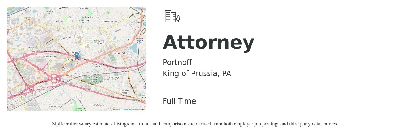 Portnoff job posting for a Attorney in King of Prussia, PA with a salary of $70,000 Yearly with a map of King of Prussia location.