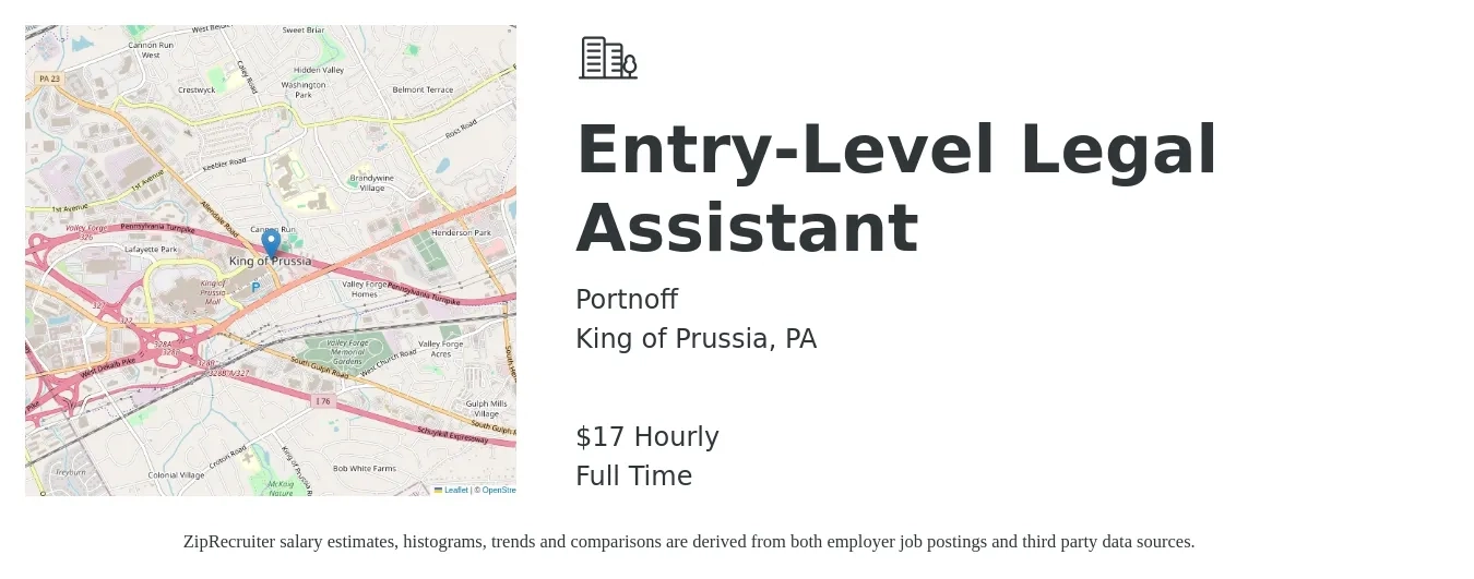 Portnoff job posting for a Entry-Level Legal Assistant in King of Prussia, PA with a salary of $18 Hourly with a map of King of Prussia location.