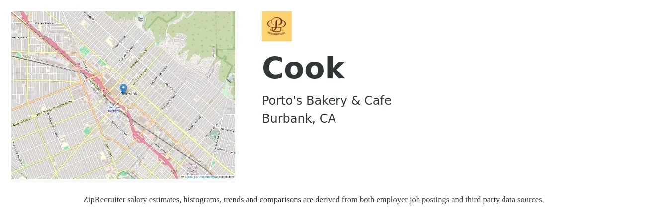 Porto's Bakery & Cafe job posting for a Cook in Burbank, CA with a salary of $15 to $20 Hourly with a map of Burbank location.