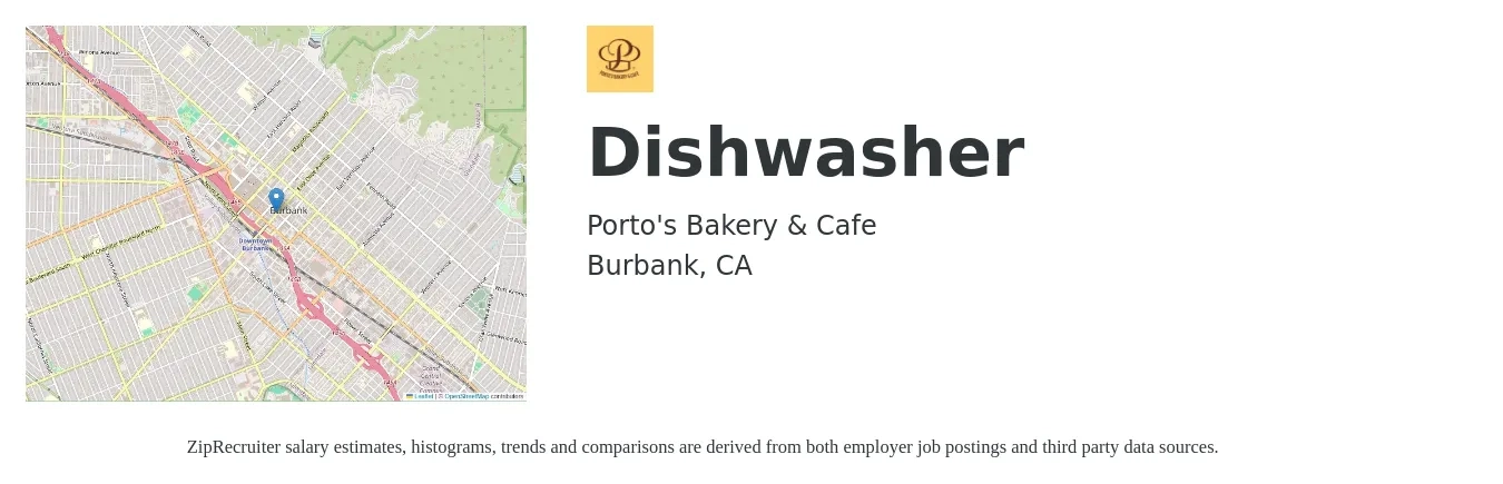 Porto's Bakery & Cafe job posting for a Dishwasher in Burbank, CA with a salary of $14 to $18 Hourly with a map of Burbank location.