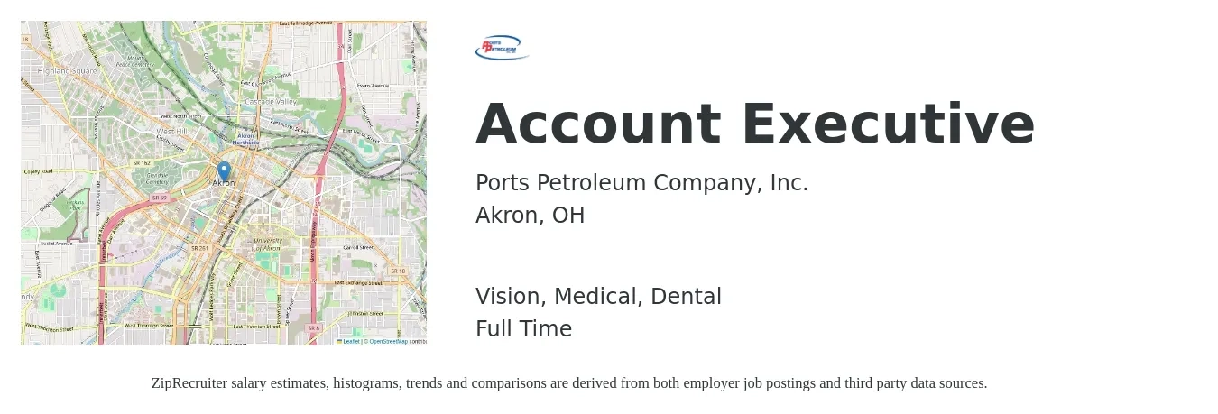 Ports Petroleum Company, Inc. job posting for a Account Executive in Akron, OH with a salary of $51,700 to $90,900 Yearly and benefits including dental, life_insurance, medical, retirement, and vision with a map of Akron location.