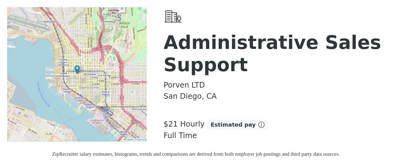 Porven LTD job posting for a Administrative Sales Support in San Diego, CA with a salary of $22 Hourly with a map of San Diego location.