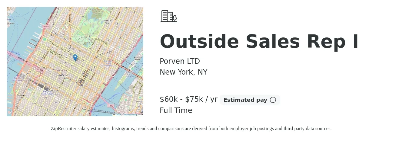 Porven LTD job posting for a Outside Sales Rep I in New York, NY with a salary of $60,000 to $75,000 Yearly with a map of New York location.