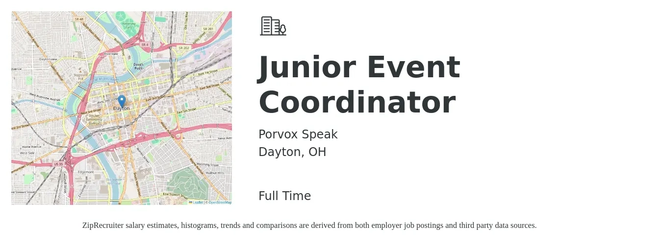 Porvox Speak job posting for a Junior Event Coordinator in Dayton, OH with a salary of $980 to $1,200 Weekly with a map of Dayton location.