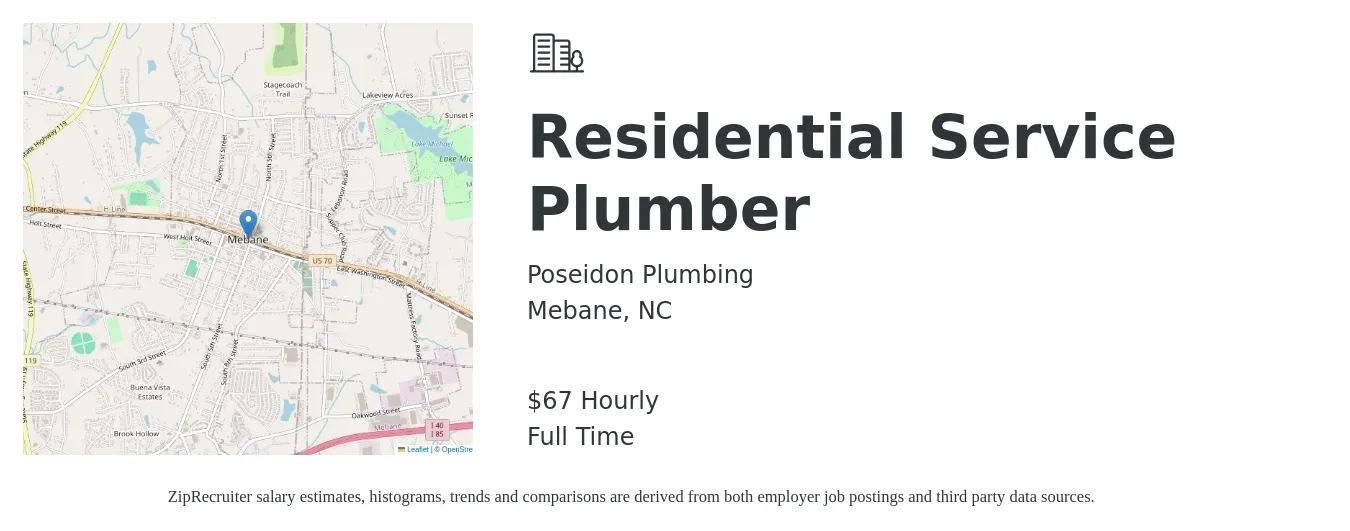 Poseidon Plumbing job posting for a Residential Service Plumber in Mebane, NC with a salary of $70 Hourly with a map of Mebane location.