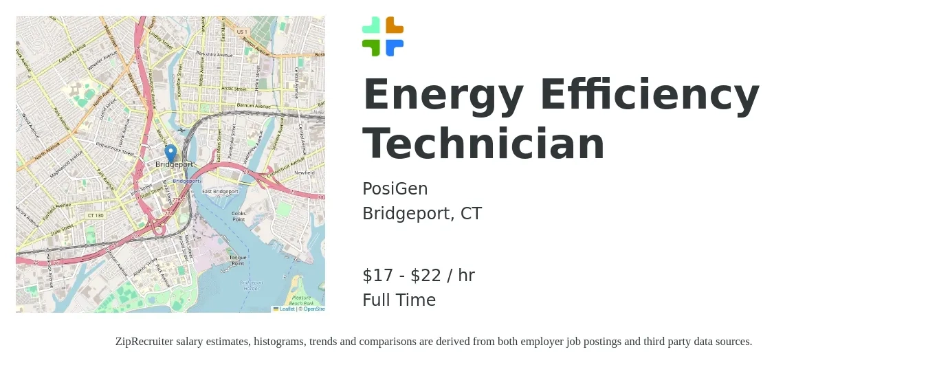 PosiGen job posting for a Energy Efficiency Technician in Bridgeport, CT with a salary of $18 to $23 Hourly with a map of Bridgeport location.