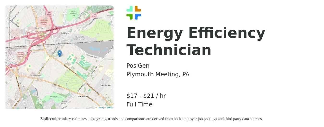 PosiGen job posting for a Energy Efficiency Technician in Plymouth Meeting, PA with a salary of $18 to $22 Hourly with a map of Plymouth Meeting location.