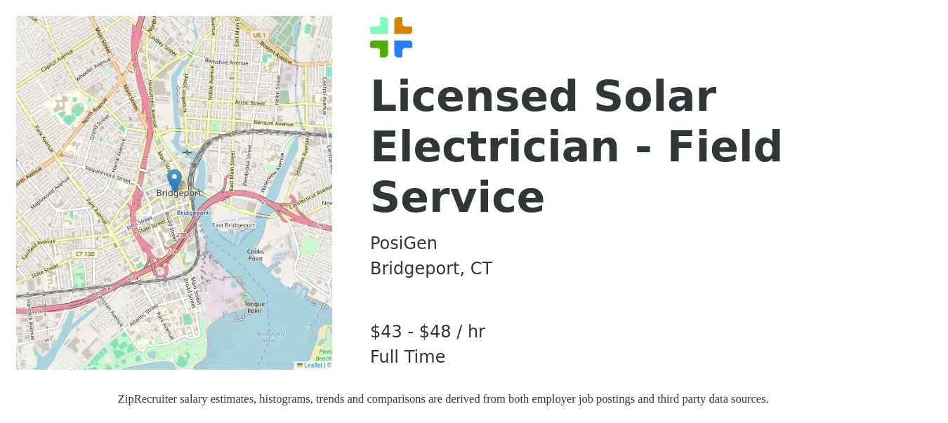 PosiGen job posting for a Licensed Solar Electrician - Field Service in Bridgeport, CT with a salary of $40 to $45 Hourly with a map of Bridgeport location.