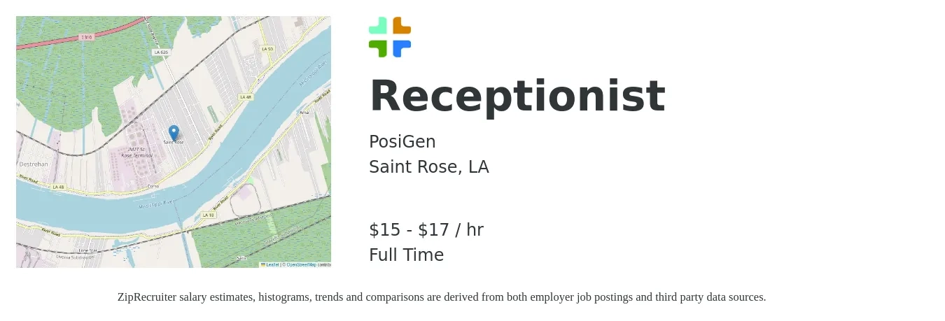 PosiGen job posting for a Receptionist in Saint Rose, LA with a salary of $16 to $18 Hourly with a map of Saint Rose location.