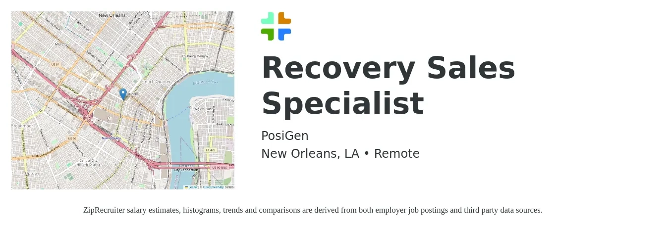 PosiGen job posting for a Recovery Sales Specialist in New Orleans, LA with a salary of $16 to $34 Hourly with a map of New Orleans location.