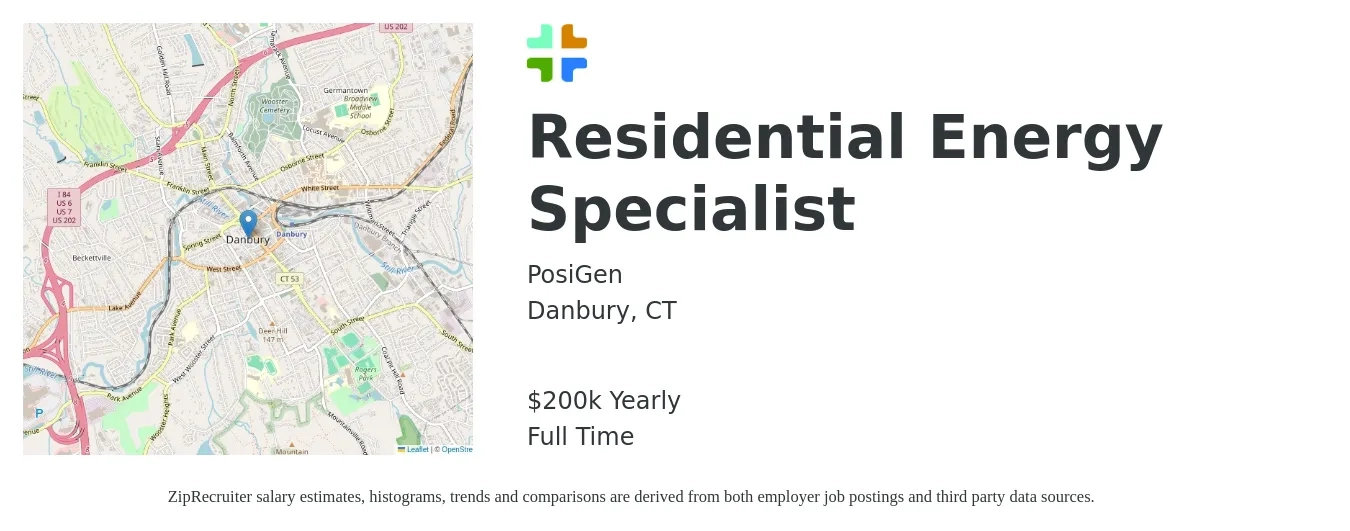 PosiGen job posting for a Residential Energy Specialist in Danbury, CT with a salary of $25,000 Yearly with a map of Danbury location.