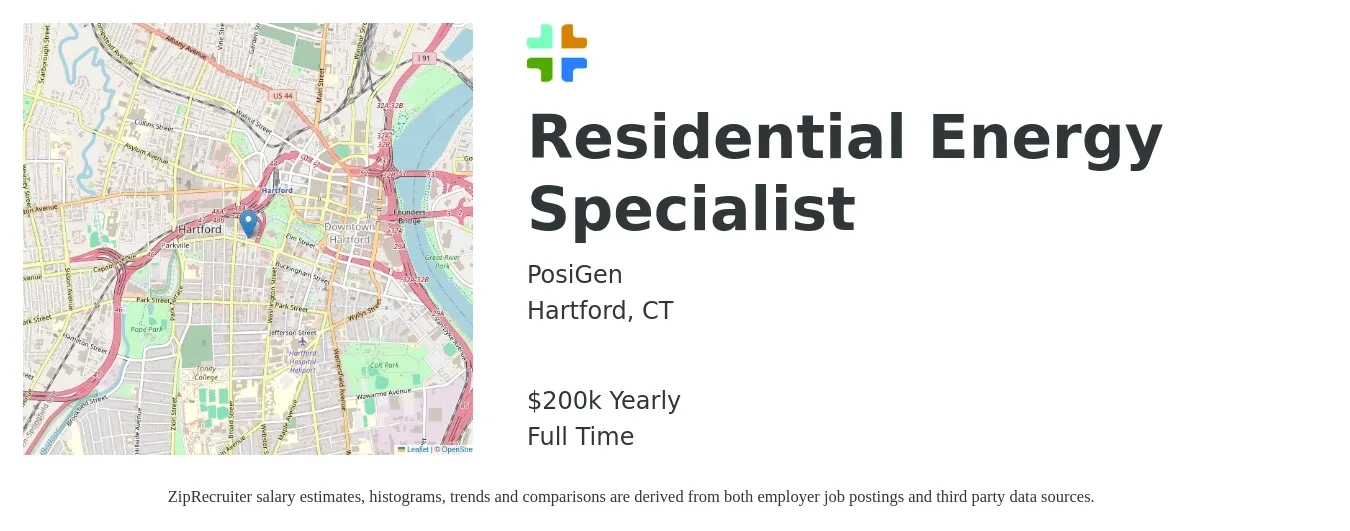 PosiGen job posting for a Residential Energy Specialist in Hartford, CT with a salary of $25,000 Yearly with a map of Hartford location.