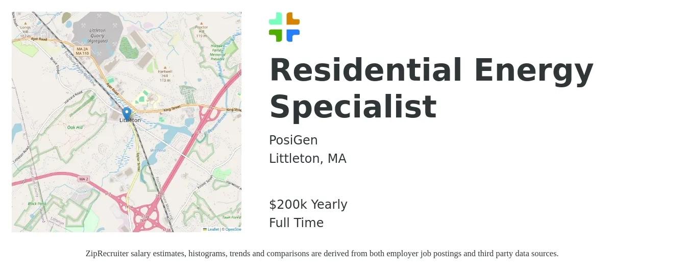 PosiGen job posting for a Residential Energy Specialist in Littleton, MA with a salary of $25,000 Yearly with a map of Littleton location.
