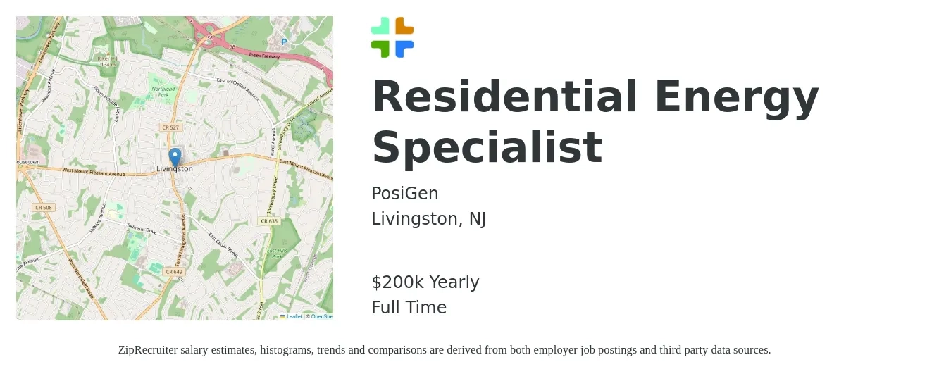 PosiGen job posting for a Residential Energy Specialist in Livingston, NJ with a salary of $25,000 Yearly with a map of Livingston location.