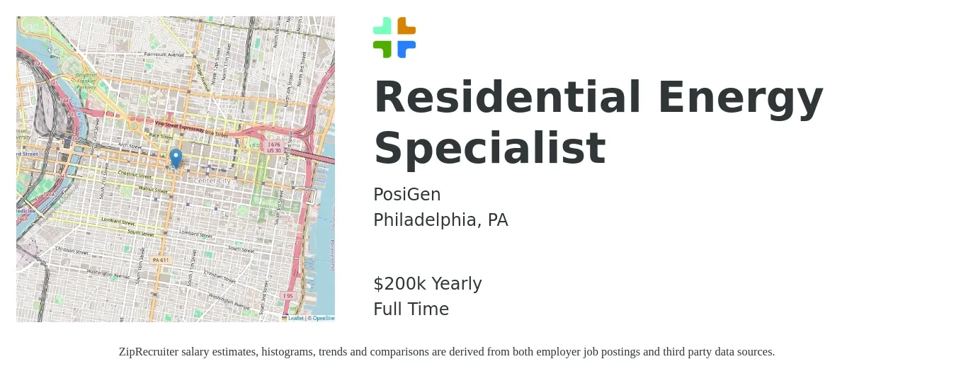 PosiGen job posting for a Residential Energy Specialist in Philadelphia, PA with a salary of $25,000 Yearly with a map of Philadelphia location.