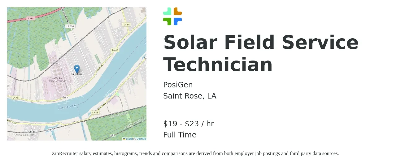 PosiGen job posting for a Solar Field Service Technician in Saint Rose, LA with a salary of $20 to $24 Hourly with a map of Saint Rose location.