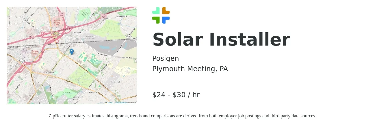 PosiGen job posting for a Solar Installer in Plymouth Meeting, PA with a salary of $21 to $28 Hourly with a map of Plymouth Meeting location.