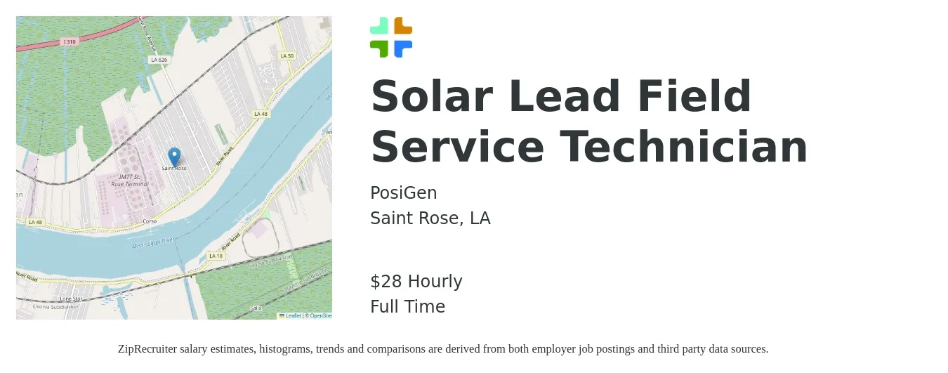 PosiGen job posting for a Solar Lead Field Service Technician in Saint Rose, LA with a salary of $30 Hourly with a map of Saint Rose location.