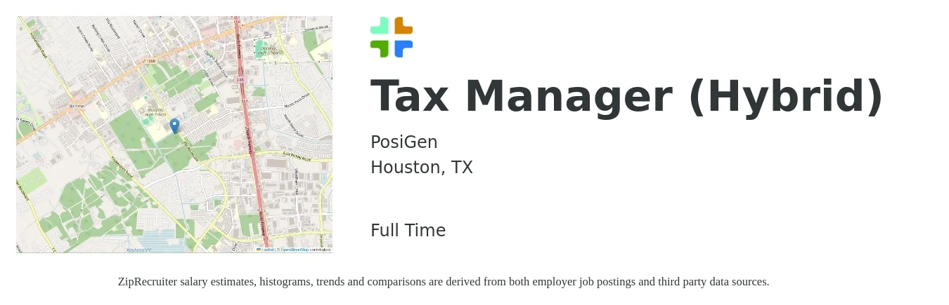 PosiGen job posting for a Tax Manager (Hybrid) in Houston, TX with a salary of $106,000 to $138,900 Yearly with a map of Houston location.