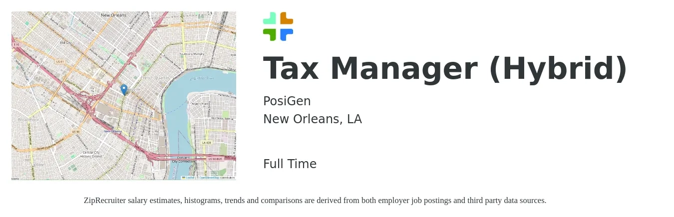 PosiGen job posting for a Tax Manager (Hybrid) in New Orleans, LA with a salary of $106,600 to $139,700 Yearly with a map of New Orleans location.