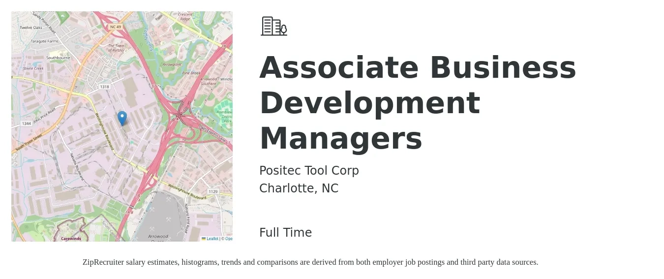 Positec Tool Corp job posting for a Associate Business Development Managers in Charlotte, NC with a salary of $43,900 to $60,200 Yearly with a map of Charlotte location.