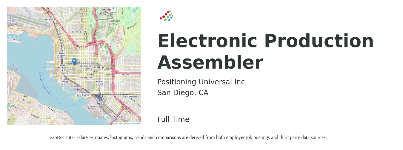 Positioning Universal Inc job posting for a Electronic Production Assembler in San Diego, CA with a salary of $17 to $20 Hourly with a map of San Diego location.