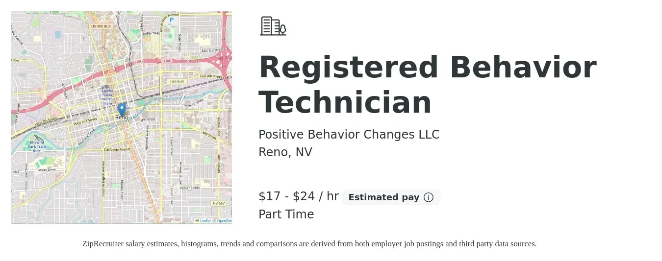 Positive Behavior Changes LLC job posting for a Registered Behavior Technician in Reno, NV with a salary of $18 to $25 Hourly with a map of Reno location.