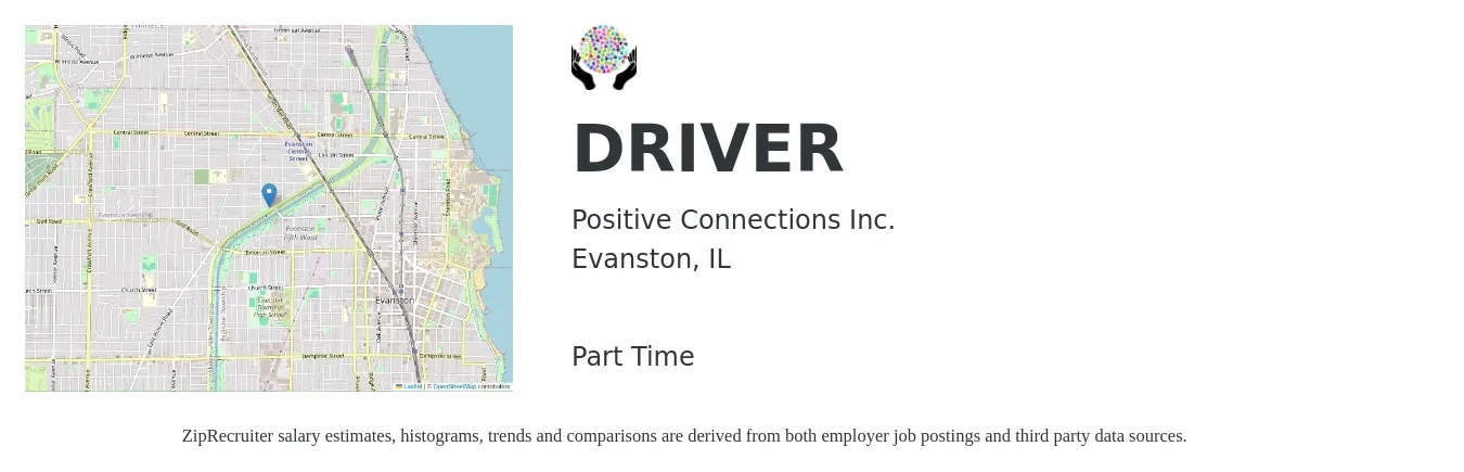 Positive Connections Inc. job posting for a DRIVER in Evanston, IL with a salary of $17 to $24 Hourly with a map of Evanston location.