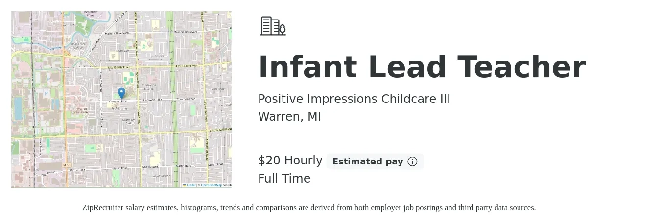 Positive Impressions Childcare III job posting for a Infant Lead Teacher in Warren, MI with a salary of $21 Hourly with a map of Warren location.