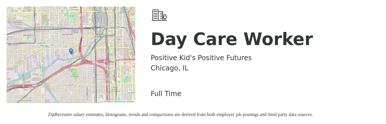 Positive Kid's Positive Futures job posting for a Day Care Worker in Chicago, IL with a salary of $1,000 to $1,500 Monthly with a map of Chicago location.