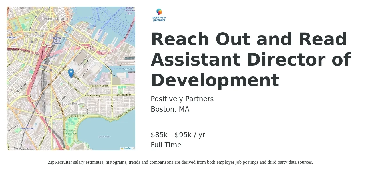 Positively Partners job posting for a Reach Out and Read Assistant Director of Development in Boston, MA with a salary of $85,000 to $95,000 Yearly with a map of Boston location.