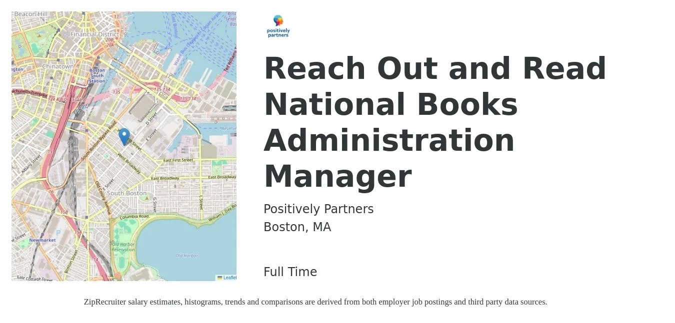 Positively Partners job posting for a Reach Out and Read National Books Administration Manager in Boston, MA with a salary of $61,000 to $106,800 Yearly with a map of Boston location.