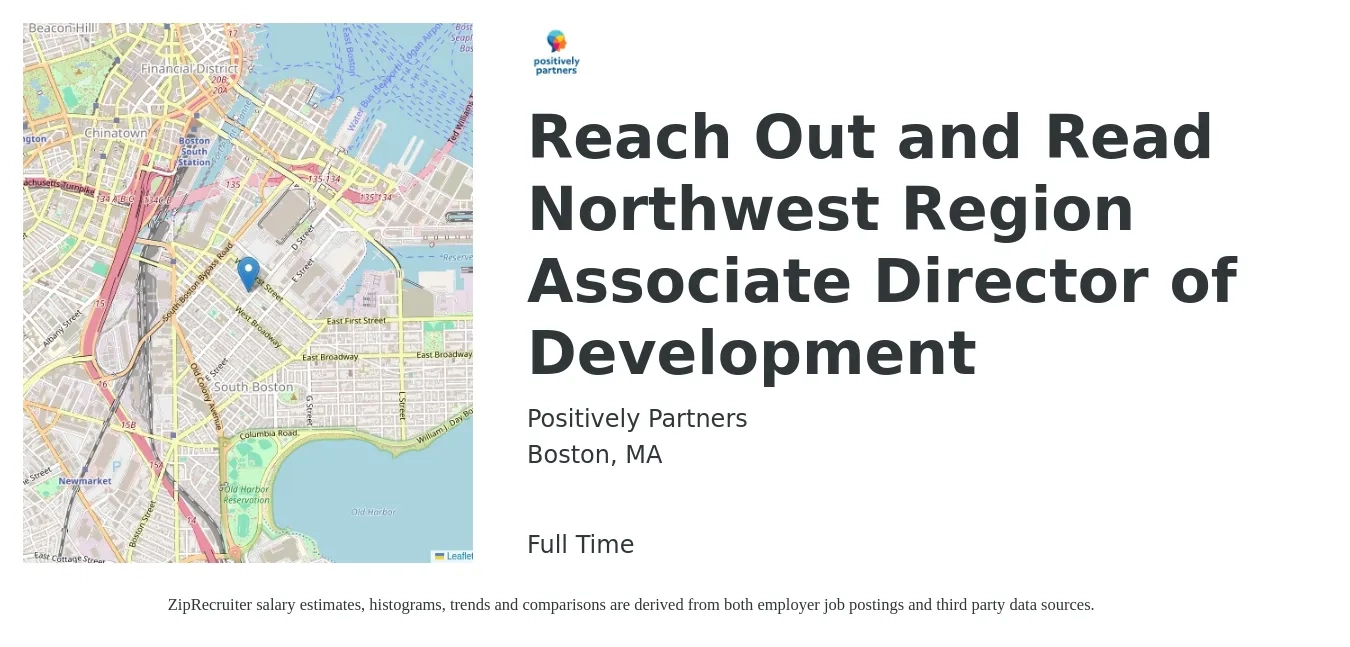 Positively Partners job posting for a Reach Out and Read Northwest Region Associate Director of Development in Boston, MA with a salary of $79,000 to $112,200 Yearly with a map of Boston location.