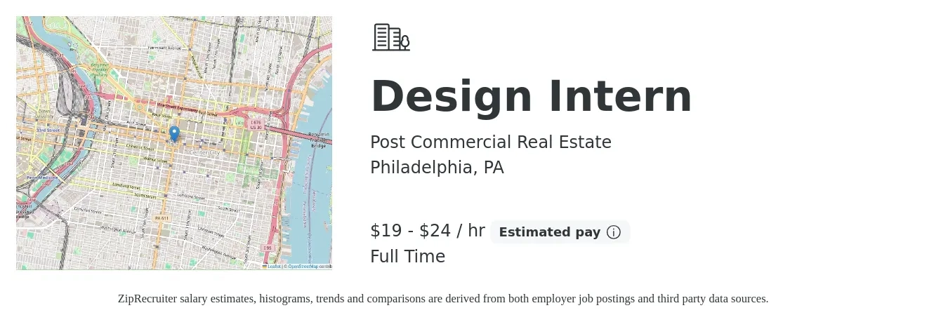 Post Commercial Real Estate job posting for a Design Intern in Philadelphia, PA with a salary of $20 to $25 Hourly with a map of Philadelphia location.