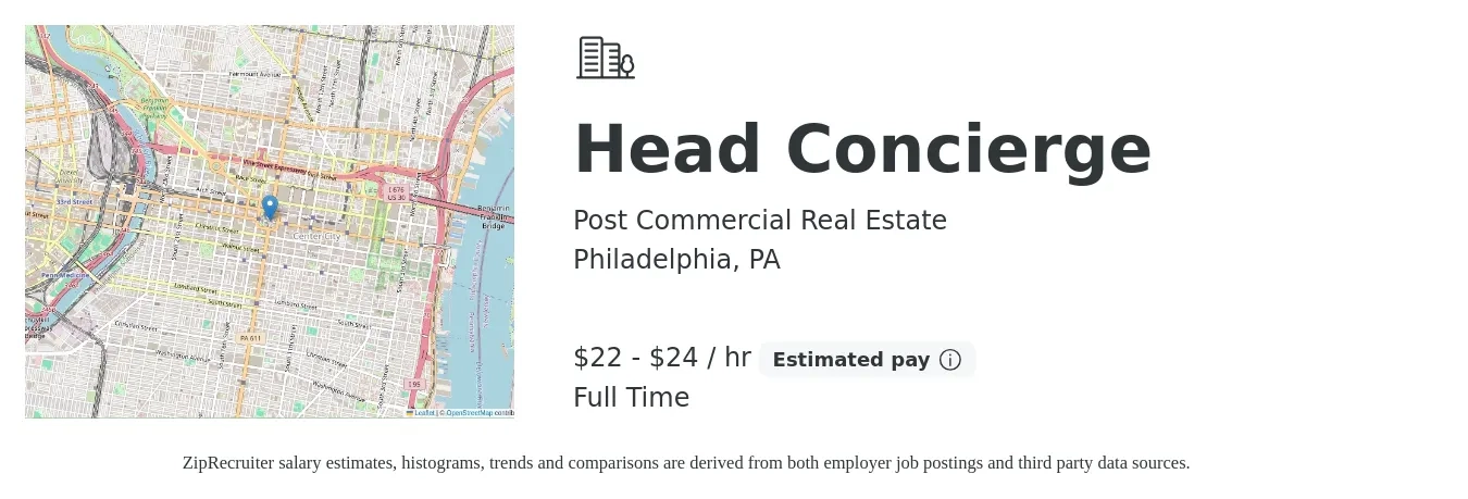 Post Commercial Real Estate job posting for a Head Concierge in Philadelphia, PA with a salary of $23 to $25 Hourly with a map of Philadelphia location.