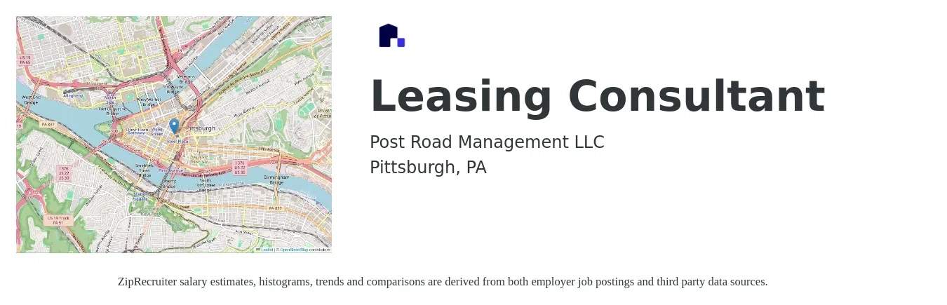 Post Road Management LLC job posting for a Leasing Consultant in Pittsburgh, PA with a salary of $18 to $19 Hourly with a map of Pittsburgh location.