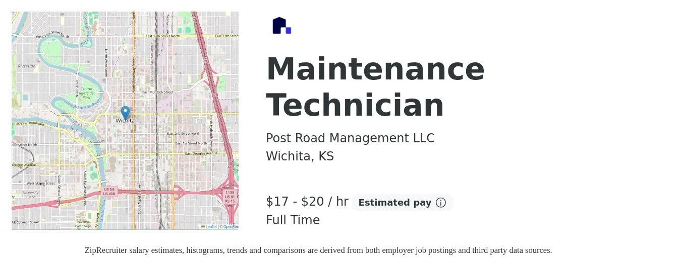 Post Road Management LLC job posting for a Maintenance Technician in Wichita, KS with a salary of $18 to $21 Hourly with a map of Wichita location.