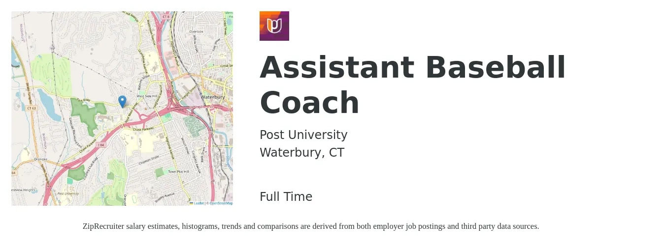 Post University job posting for a Assistant Baseball Coach in Waterbury, CT with a salary of $30,700 to $55,800 Yearly with a map of Waterbury location.