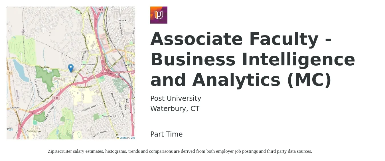 Post University job posting for a Associate Faculty - Business Intelligence and Analytics (MC) in Waterbury, CT with a salary of $39,400 to $76,200 Yearly with a map of Waterbury location.