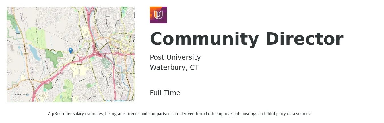 Post University job posting for a Community Director in Waterbury, CT with a salary of $26 to $35 Hourly with a map of Waterbury location.