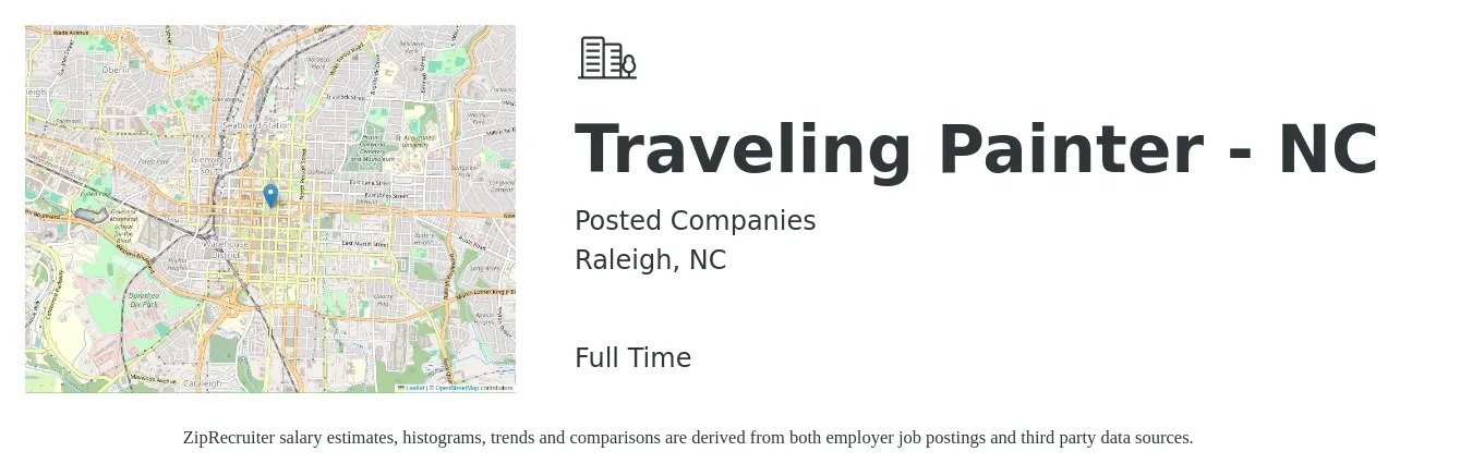 Posted Companies job posting for a Traveling Painter - NC in Raleigh, NC with a salary of $19 to $23 Hourly with a map of Raleigh location.