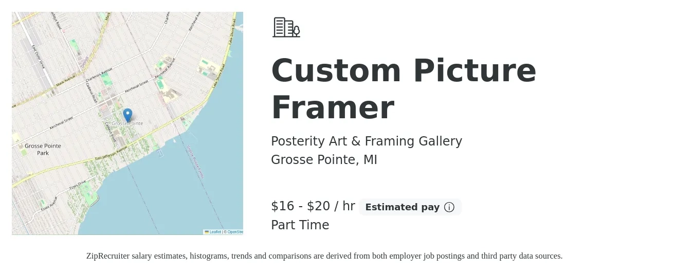 Posterity Art & Framing Gallery job posting for a Custom Picture Framer in Grosse Pointe, MI with a salary of $17 to $21 Hourly and benefits including pto with a map of Grosse Pointe location.