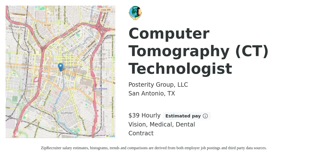 Posterity Group, LLC job posting for a Computer Tomography (CT) Technologist in San Antonio, TX with a salary of $42 Hourly and benefits including life_insurance, medical, retirement, vision, and dental with a map of San Antonio location.