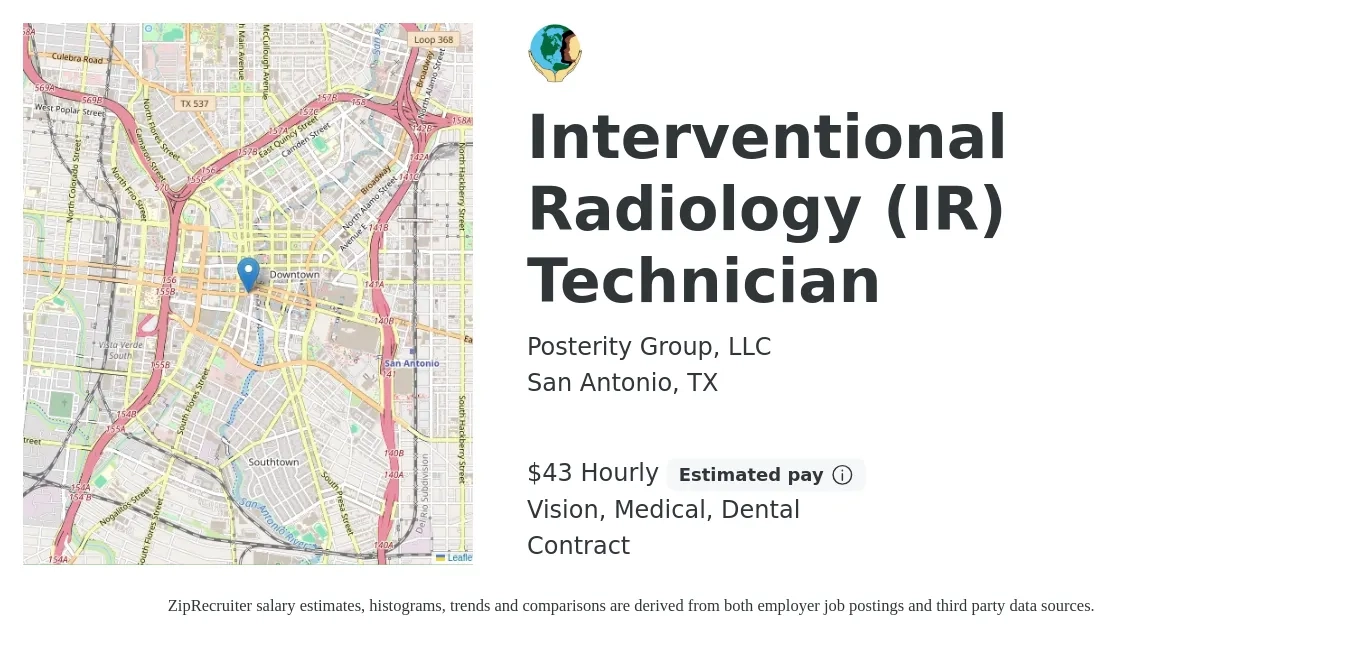 Posterity Group, LLC job posting for a Interventional Radiology (IR) Technician in San Antonio, TX with a salary of $46 Hourly and benefits including medical, retirement, vision, dental, and life_insurance with a map of San Antonio location.