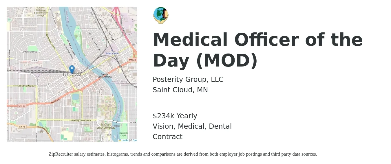 Posterity Group, LLC job posting for a Medical Officer of the Day (MOD) in Saint Cloud, MN with a salary of $234,332 Yearly and benefits including vision, dental, and medical with a map of Saint Cloud location.