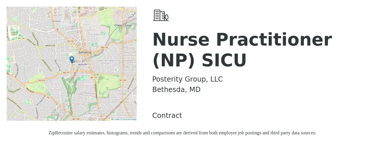 Posterity Group, LLC job posting for a Nurse Practitioner (NP) SICU in Bethesda, MD with a salary of $71 Hourly and benefits including dental, life_insurance, medical, retirement, and vision with a map of Bethesda location.