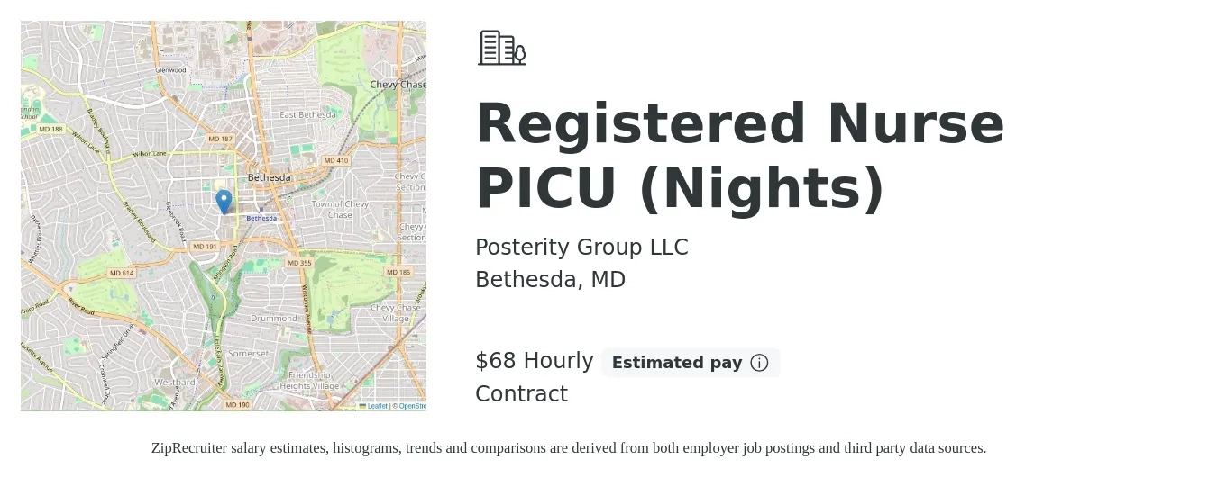 Posterity Group, LLC job posting for a Registered Nurse PICU, Nights in Bethesda, MD with a salary of $63 Hourly and benefits including life_insurance, medical, retirement, vision, and dental with a map of Bethesda location.