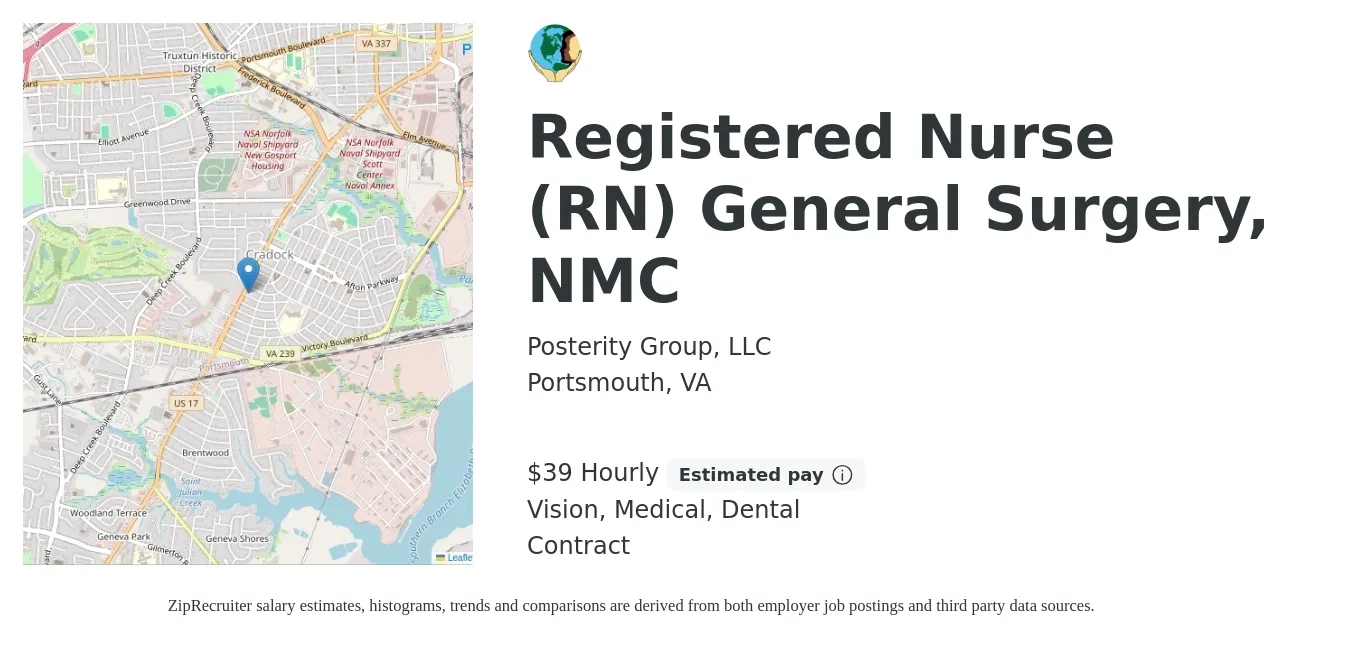 Posterity Group, LLC job posting for a Registered Nurse (RN) General Surgery, NMC in Portsmouth, VA with a salary of $41 Hourly and benefits including life_insurance, medical, retirement, vision, and dental with a map of Portsmouth location.