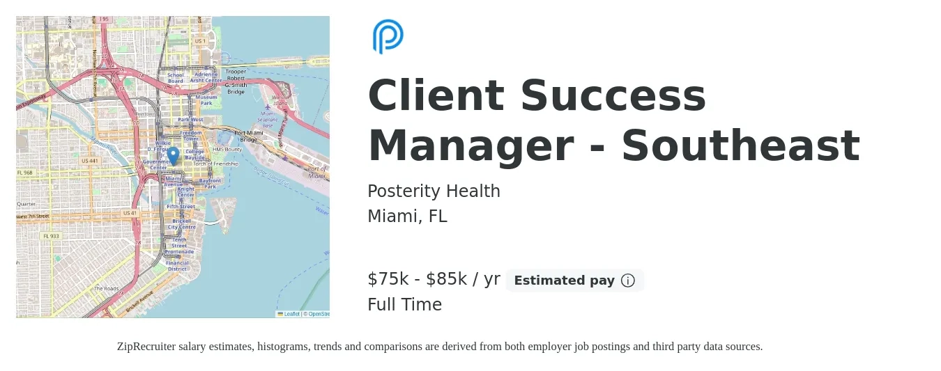 Posterity Health job posting for a Client Success Manager - Southeast in Miami, FL with a salary of $75,000 to $85,000 Yearly with a map of Miami location.